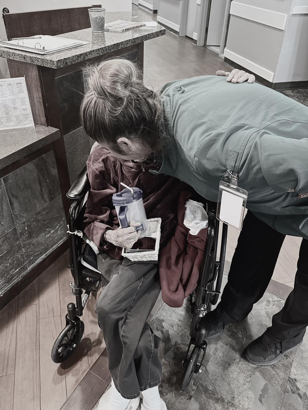 A skilled patient giving a CNA a hug goodbye before she left us to go home. She successfully completed her skilled stay