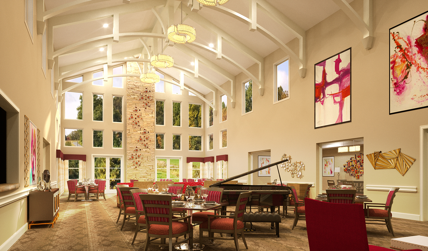 The grand dining room at HarborChase of Southlake, TX